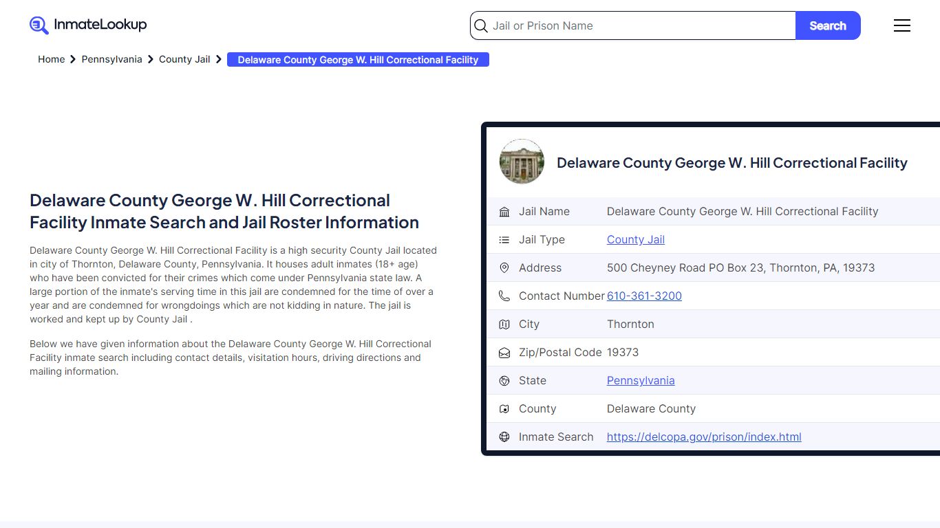 Delaware County George W. Hill Correctional Facility (PA) Inmate Search ...